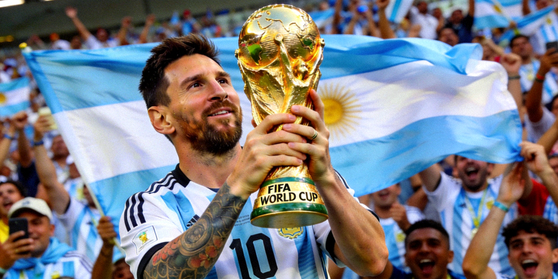 梅西手捧世界杯冠军奖杯庆祝胜利的瞬间